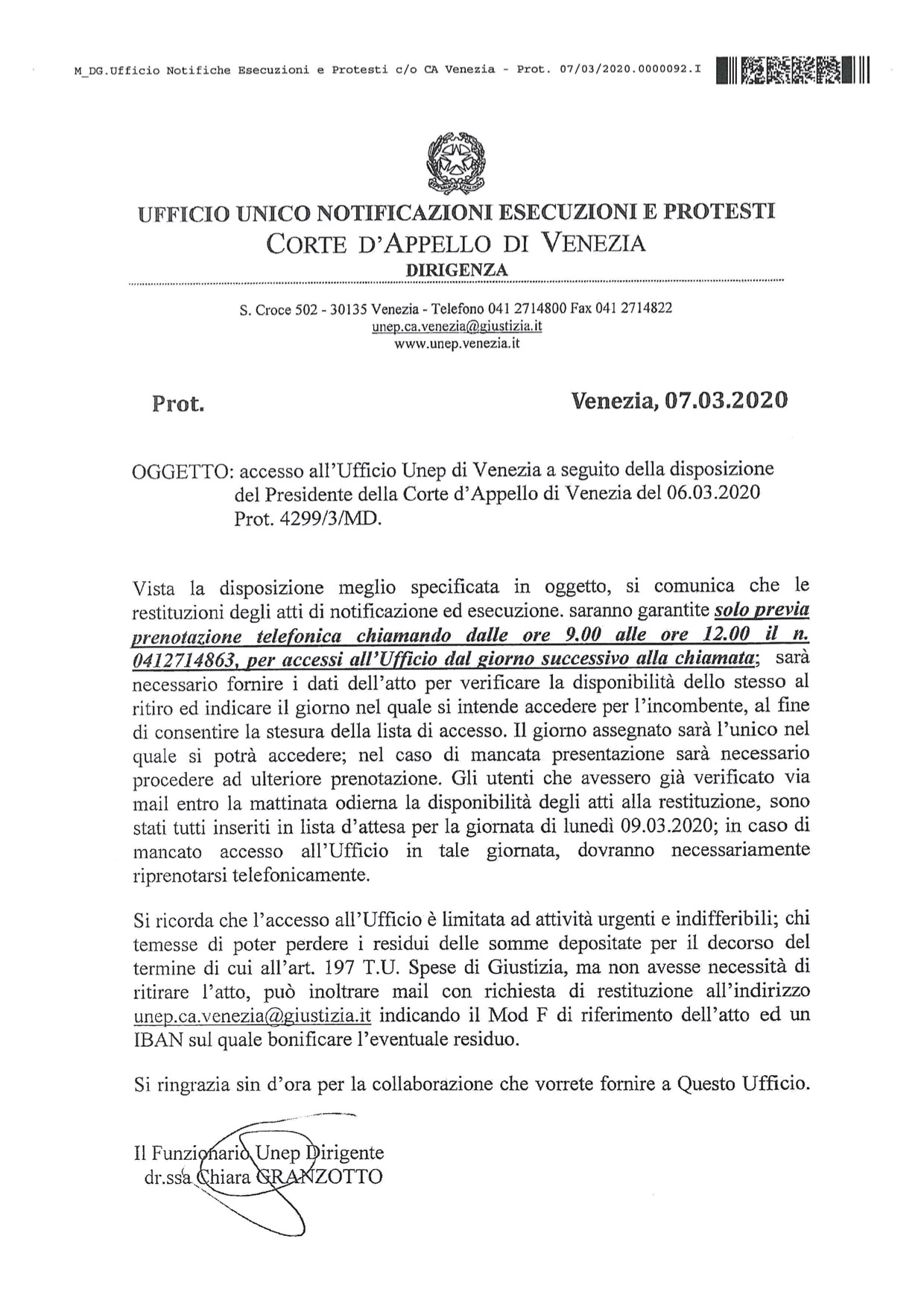 Provvedimento Dirigente UNEP di venezia del 7.03.2020 con riferimento alle modalità di accesso agli uffici
